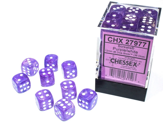Borealis 12mm d6 Purple/White Luminary Dice Block (36 dice)