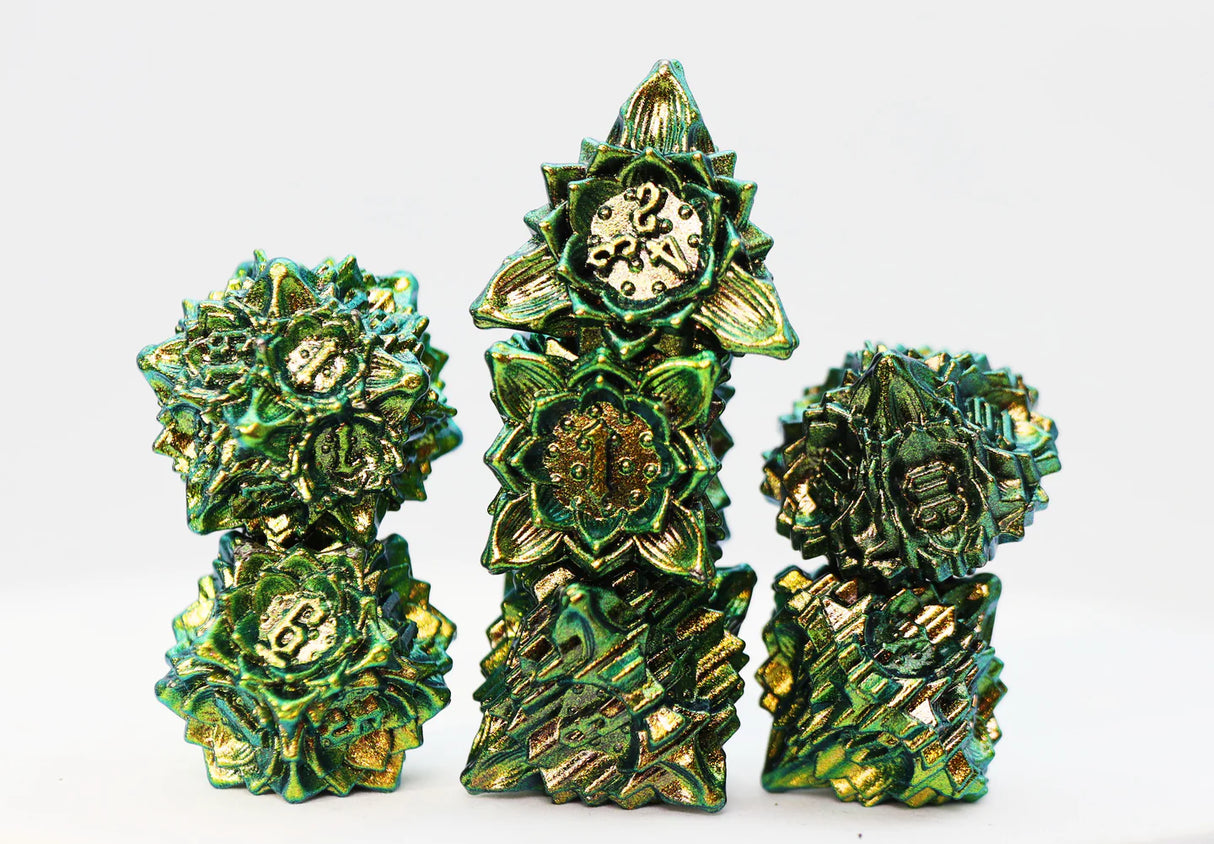 Floral Starburst: Frosted Undergrowth Metal RPG Dice Set