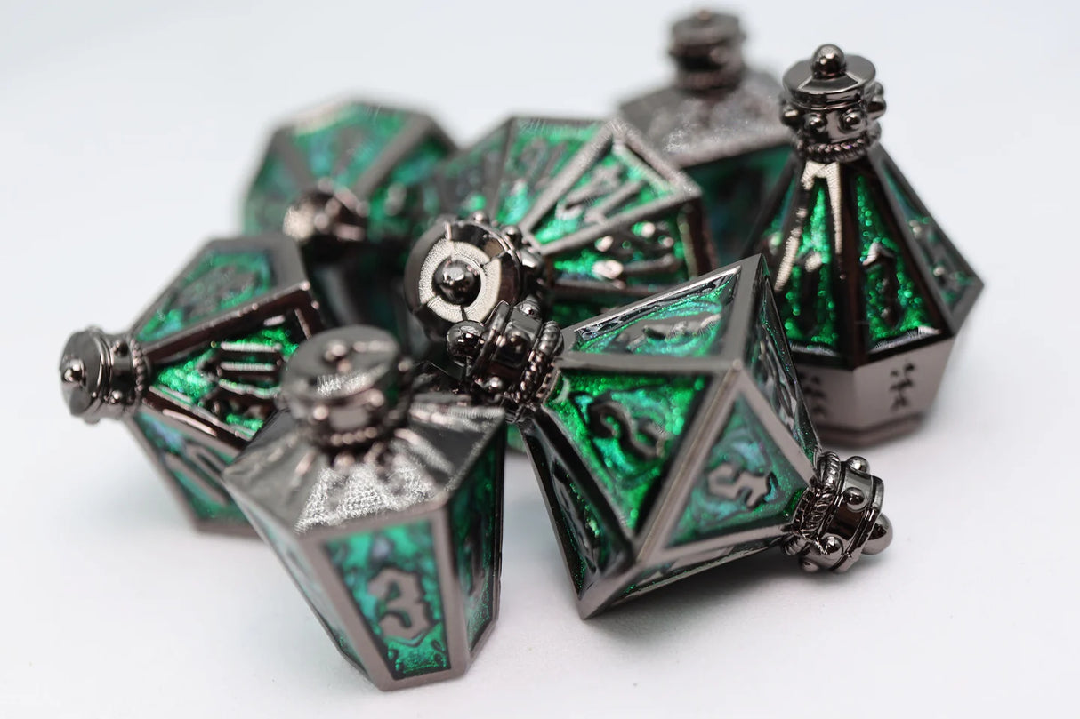 Moonlit Lantern: Midnight Acidfire Metal RPG Dice Set