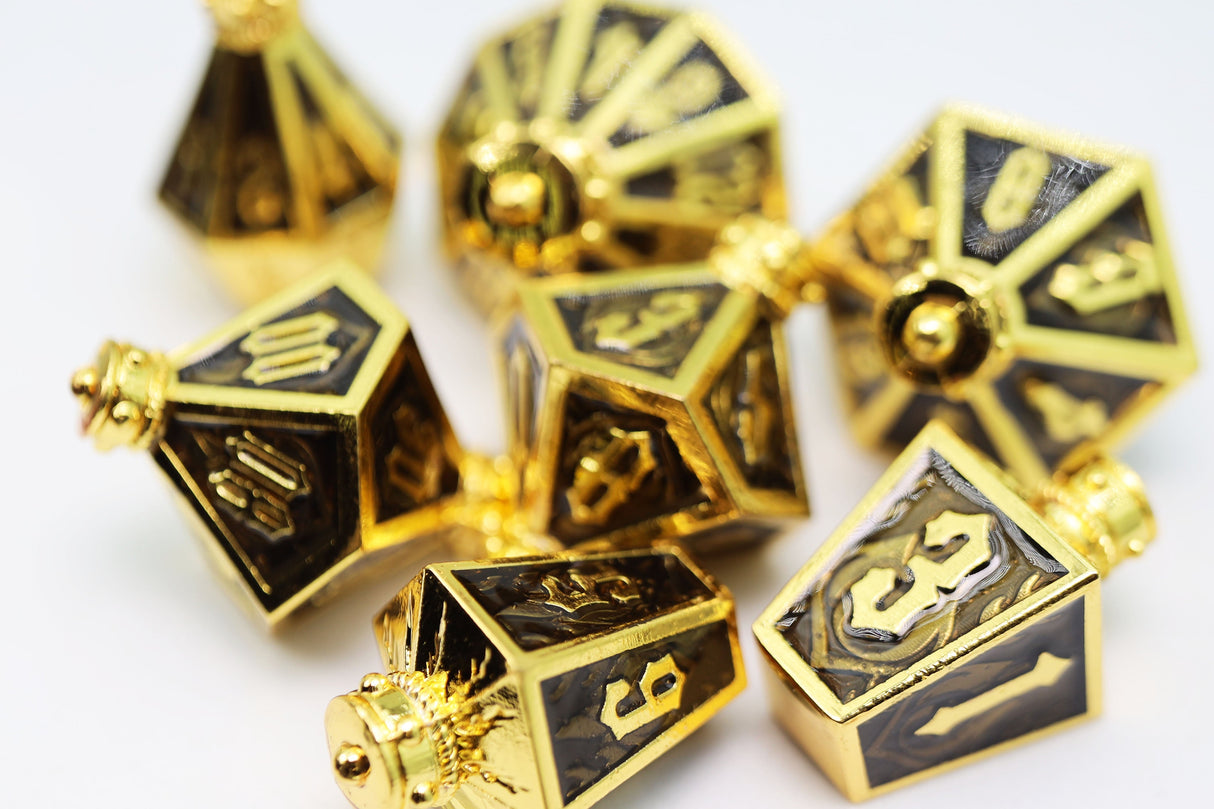 Moonlit Lantern: Golden Earthen Flame - Metal RPG Dice Set