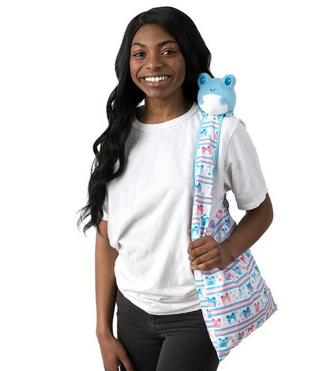 Plushie Tote Bag: White Transgender Pride Tote Bag + Blue Frog Plushie