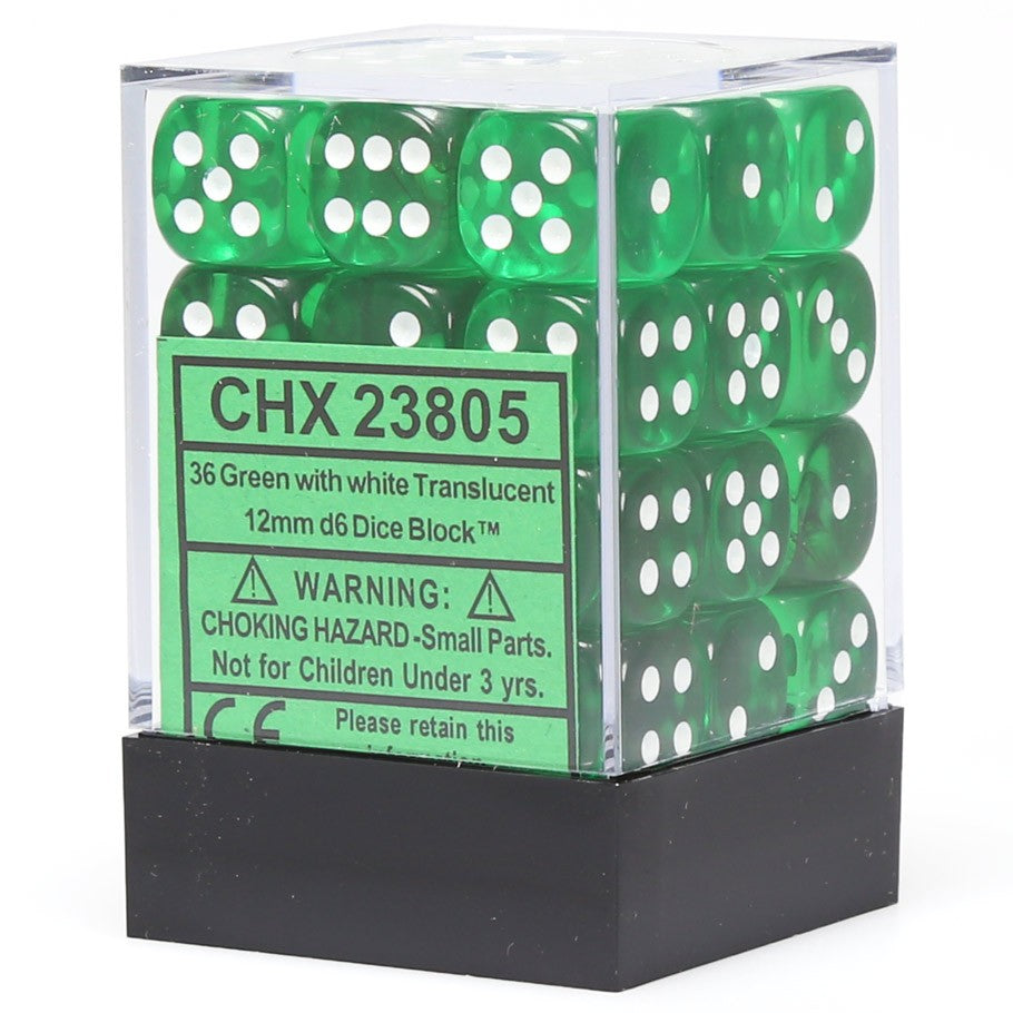 Translucent Green/White 12mm d6 Dice Block (36 Dice)
