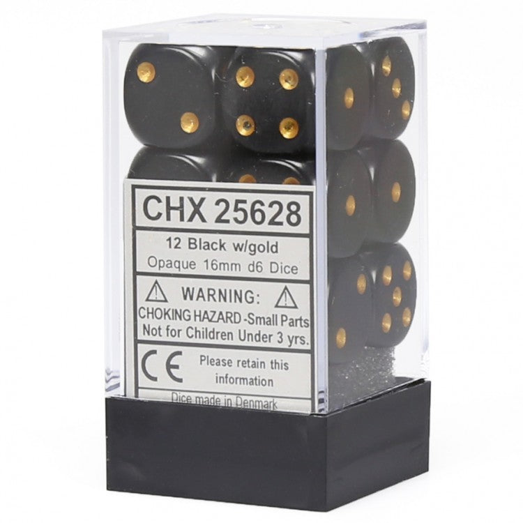 16mm d6 Opaque: Black/gold Dice Set