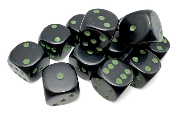 Opaque: 16mm d6 Black/green Dice Block (12 dice)