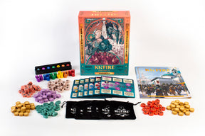 Board game components including dice and cards on a white background