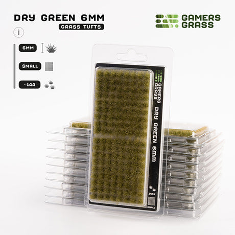 Packaging of Gamers Grass Tufts showing dry green 6mm small grass tufts for model bases and dioramas.