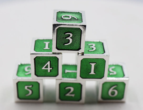 6 piece Metal D6's - Green and Silver