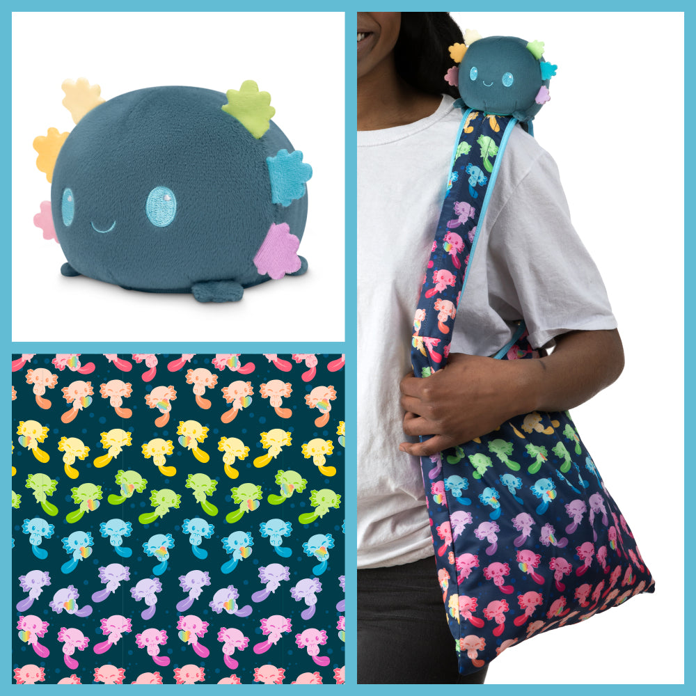 Plushie Tote Bag: Dark Blue Rainbow Axolotls Tote Bag + Blue (Rainbow Gills) Axolotl Plushie