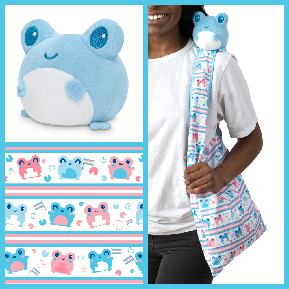 Plushie Tote Bag: White Transgender Pride Tote Bag + Blue Frog Plushie