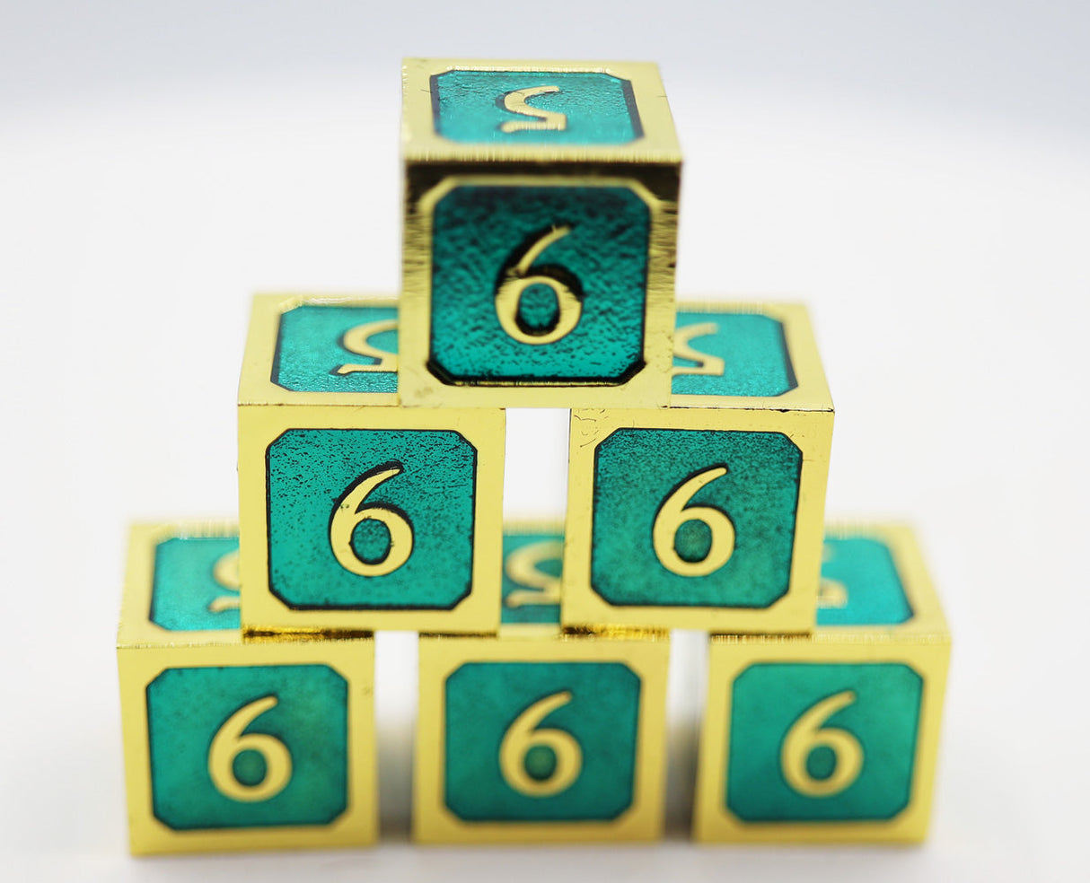 6 piece Metal D6's - Teal and Gold