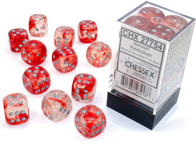 Nebula: 16mm d6 Red/Silver Luminary Dice Block (12 Dice)