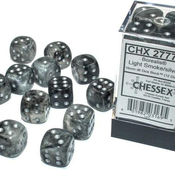 Borealis: 16mm d6 Smoke/silver Luminary Dice Block (12 Dice)