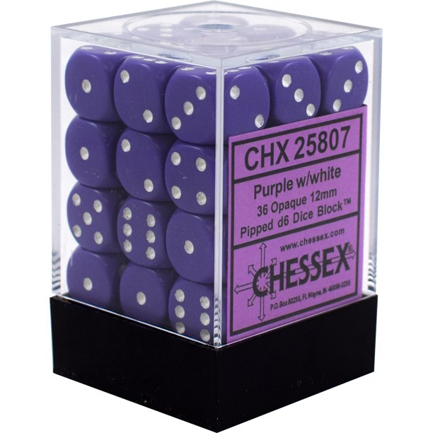 Opaque Purple & White 12mm D6 Dice 36 Ct