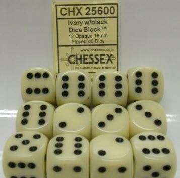 16mm d6 Opaque: Ivory/Black Dice Set