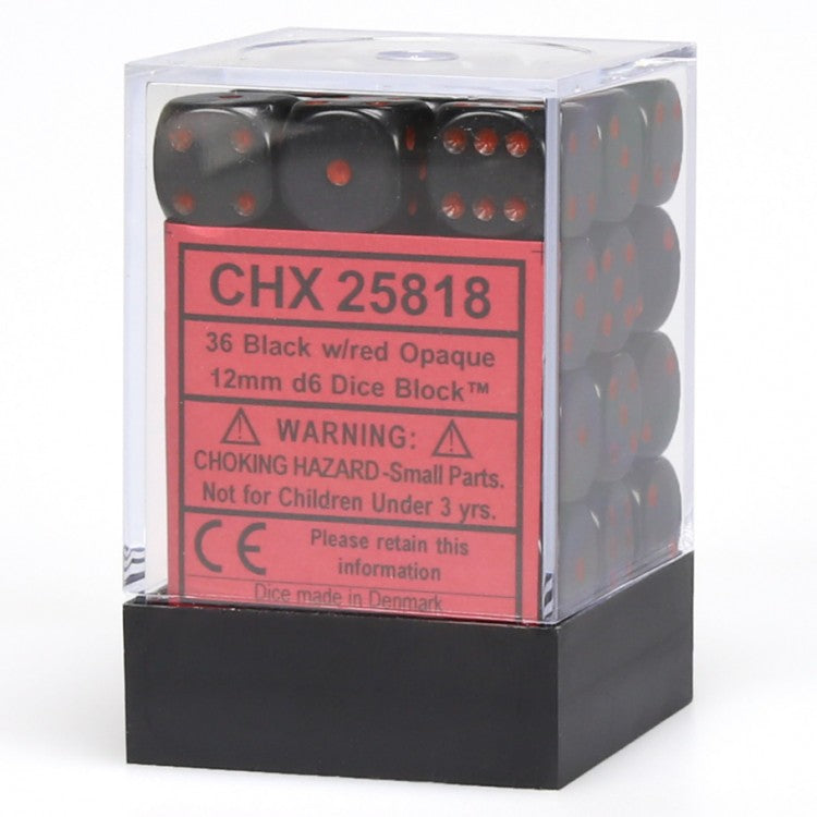 Opaque Black & Red 12mm D6 Dice 36 Ct