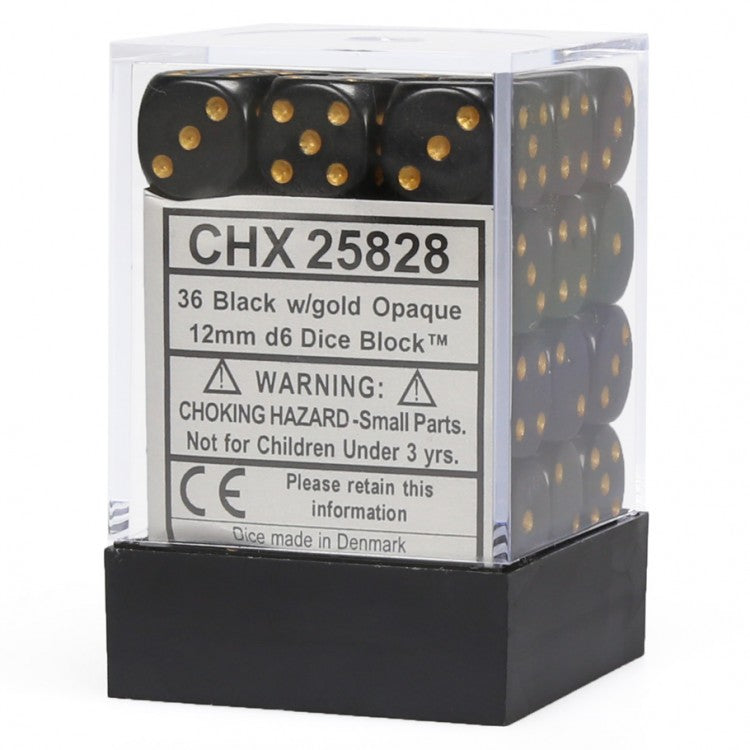 Opaque Black & Gold 12mm D6 Dice 36 Ct